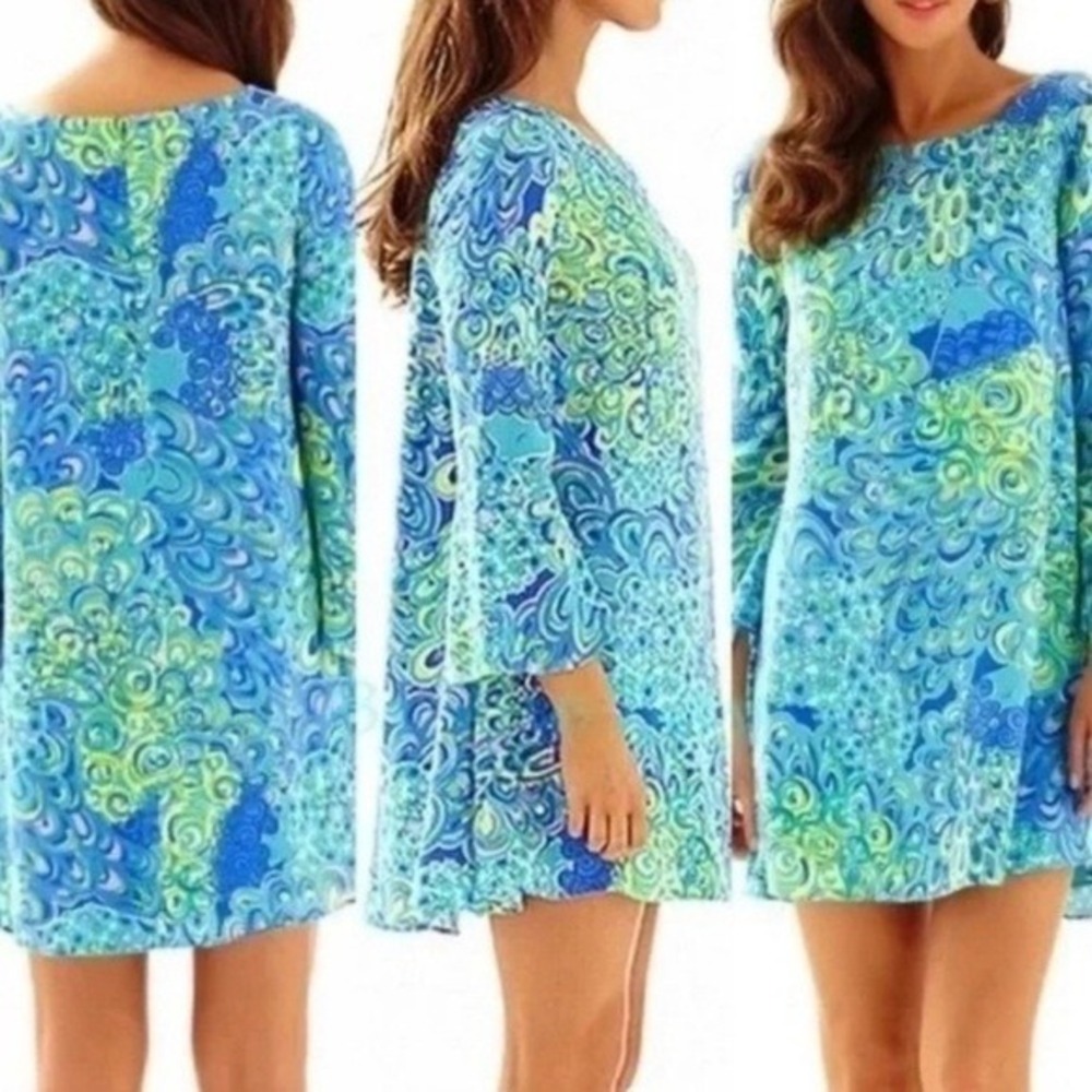 Lilly Pulitzer Colette Swing Dress Peacock Lagoon Bell Sleeve‎ Blue Green Small